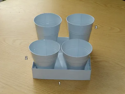 Set Bandeja Cuadrada con 4 Baldes Mixtos (10 y 15 cm) - Códigos 4433, 4047, 4048 - Artesanía Decorativa Matilde Lira